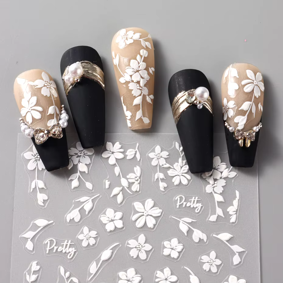 Autocollants 3D pour Nail Art, 2 pièces, fleurs blanches, feuilles de fleurs Sakura, décorations d'o