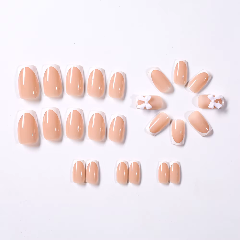 24 pièces blanc français presse sur ongles 3D arc conception couverture complète portable faux ongle