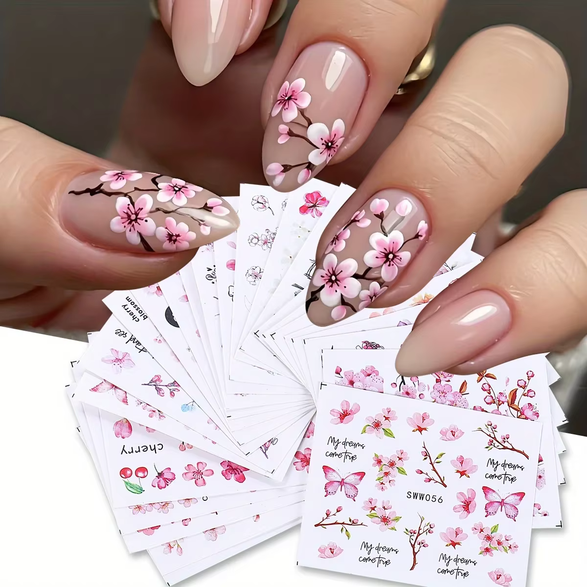 Autocollants à l'eau pour ongles, fleur de Sakura, fleurs de cerisier roses, feuille florale, concep