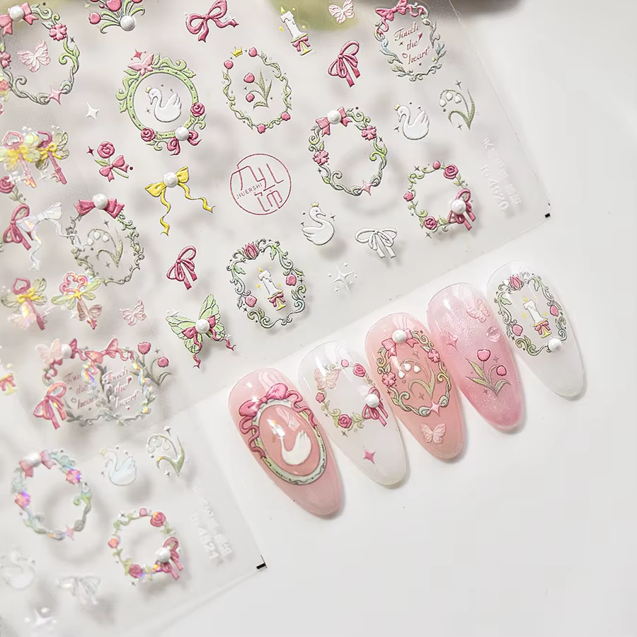 Autocollants pour ongles en cristal et diamant, mélange de fleurs de cygne rose, cadre papillon, aut