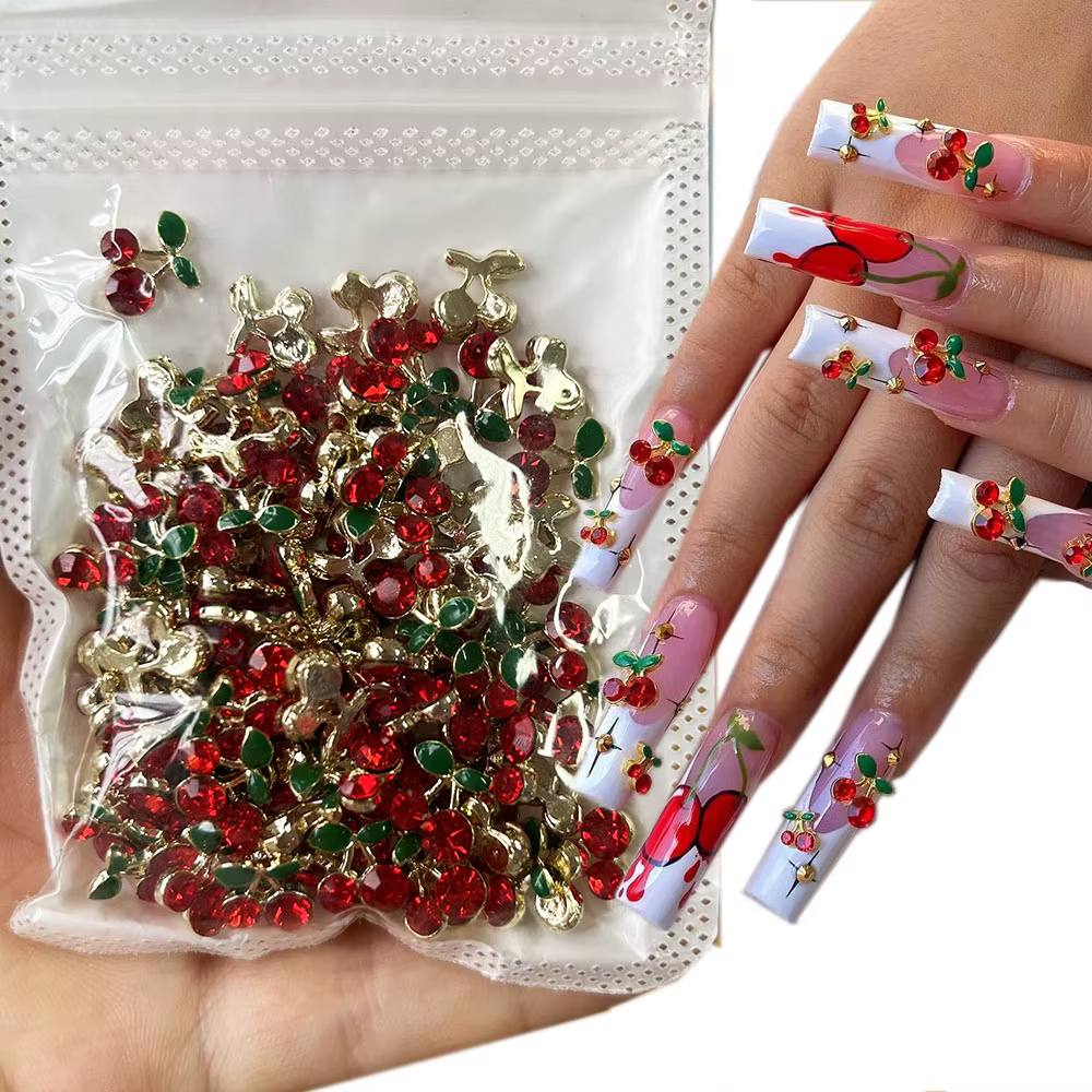 Breloques pour ongles cerise 3D, 20 pièces/sac, rouge et rose, strass, gemmes pour ongles, paillette