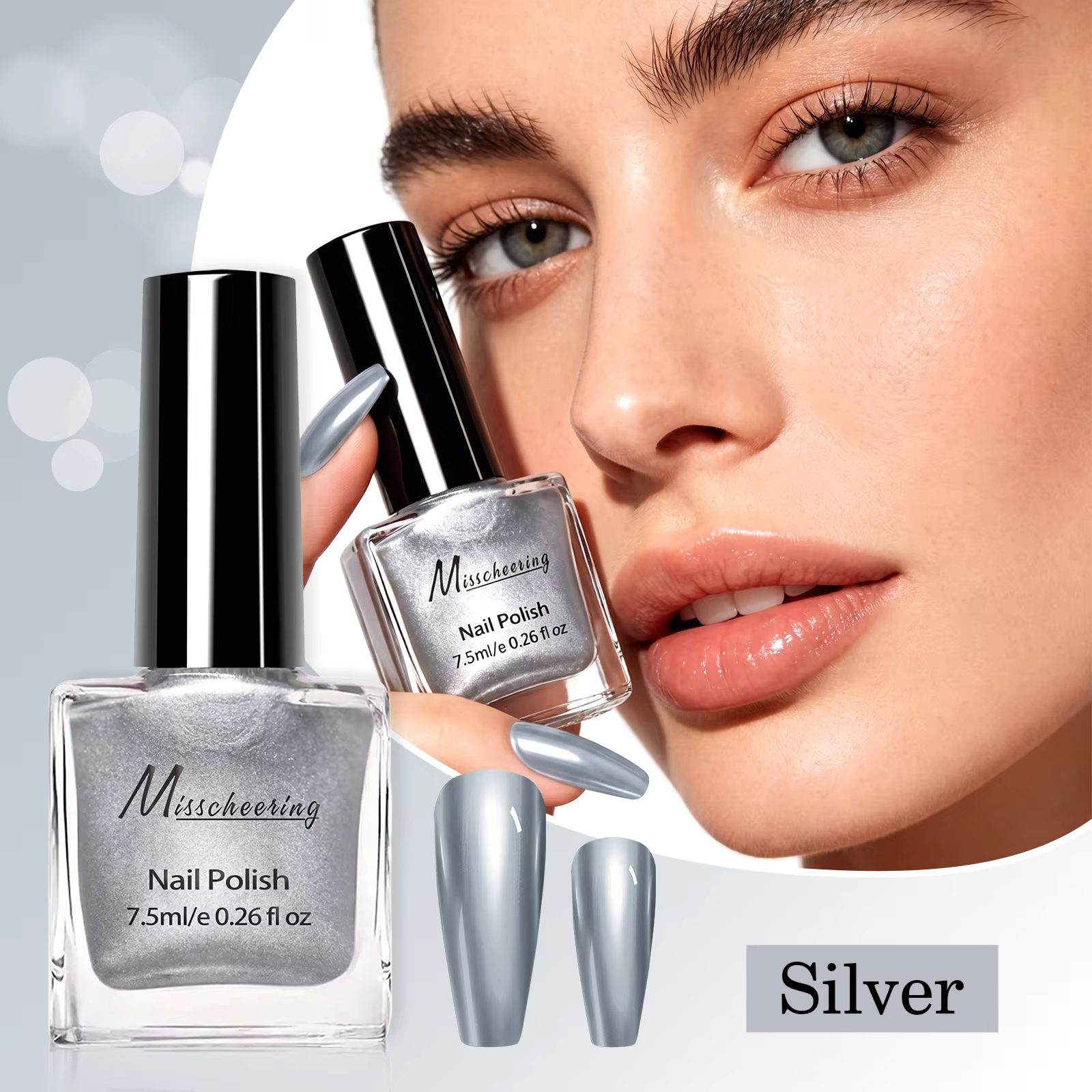 Vernis à ongles argenté métallique 7,5 ml, effet miroir ultra brillant, séchage rapide, vernis à ong