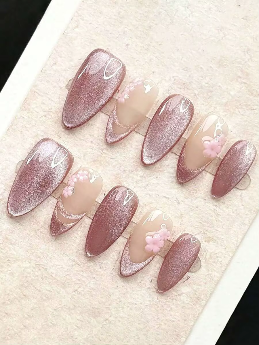 10 pièces à la main moyen amande porter des ongles, Simple Lotus rose oeil de chat amande ongles bri