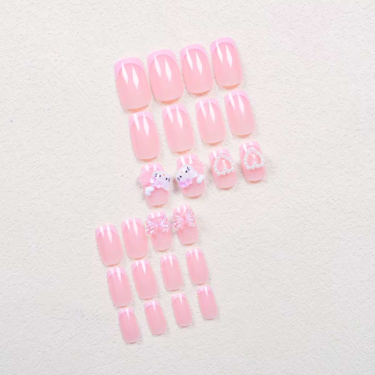 24 ongles carrés moyens rose français mignon dessin animé chat blanc amour camélia Patch pour ongles