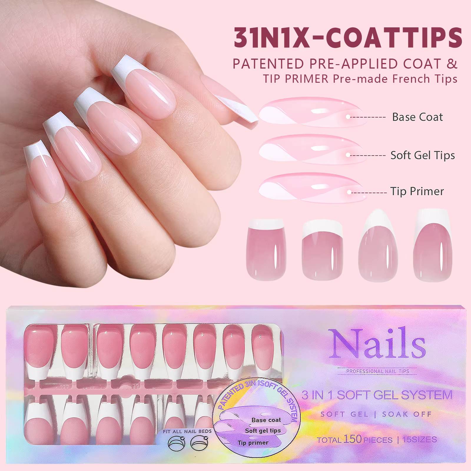 150 pièces faux ongles blanc nu besoin de colle adhésive paillettes presse sur ongles femmes portabl