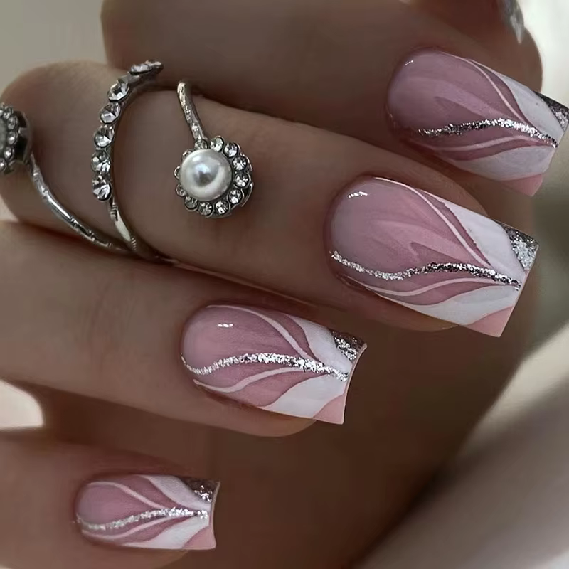 Faux ongles français colorés de printemps, 24 pièces, avec motifs, tête carrée courte, à pression, b