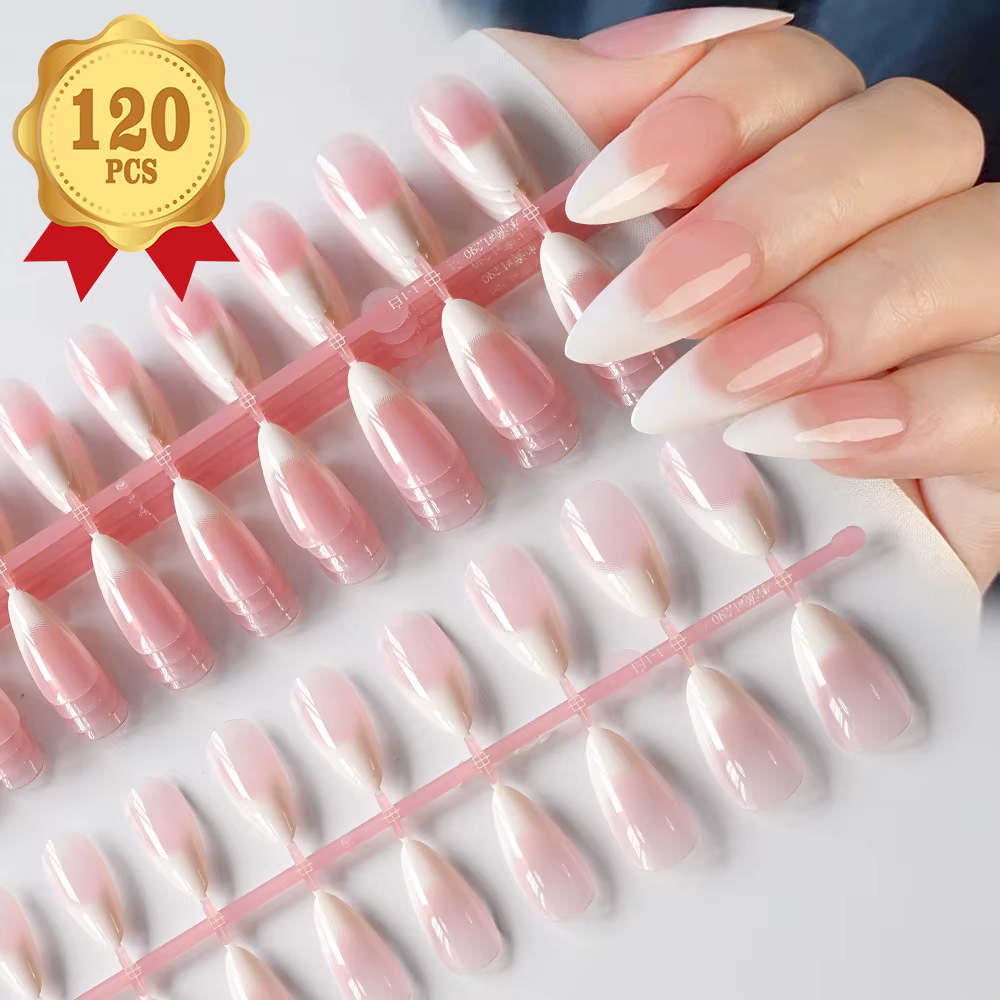 120 pièces nu rose dégradé presse sur ongles Ultra-tendre amande Gel faux ongles Simple couverture c