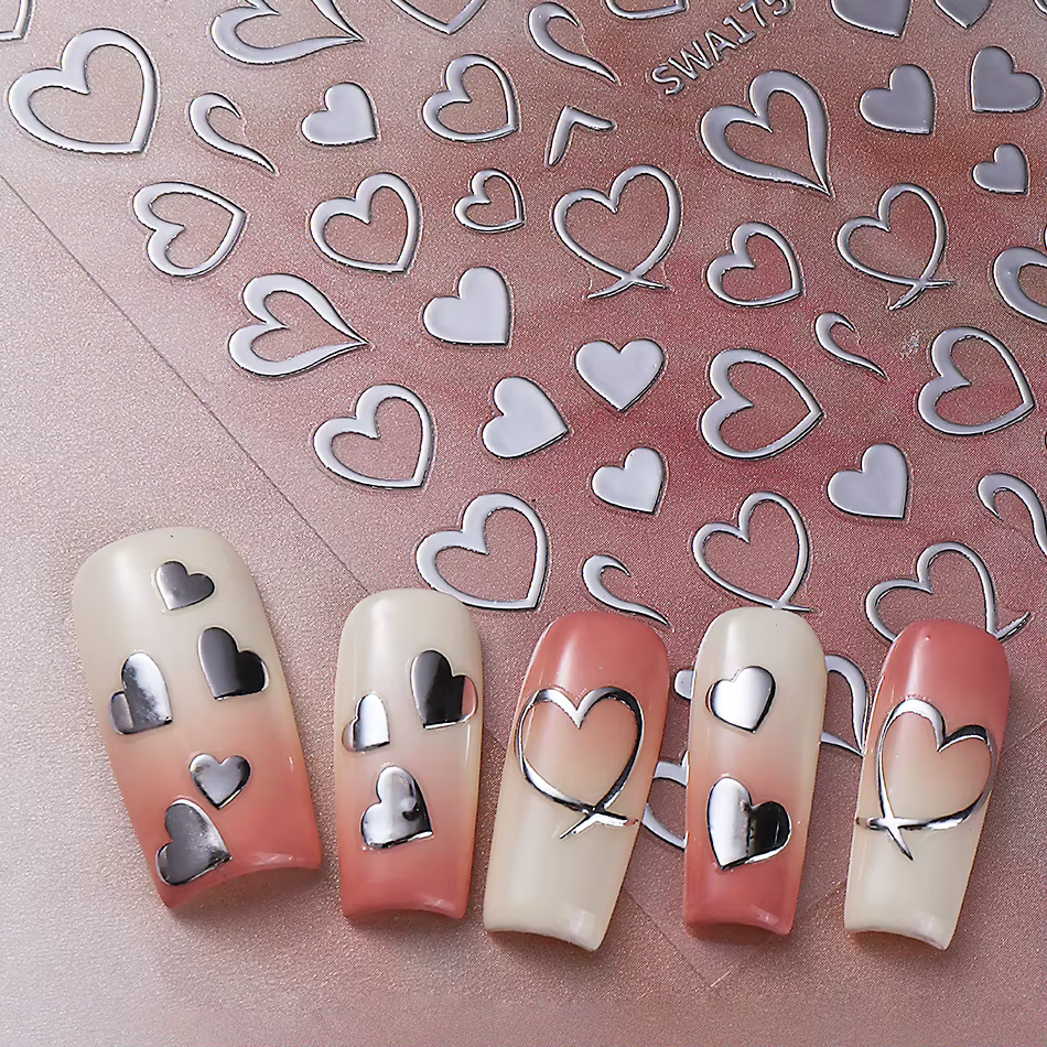 Autocollants pour ongles en forme de cœur d'amour bronzant, 3 pièces, ligne rouge or argent, décalco