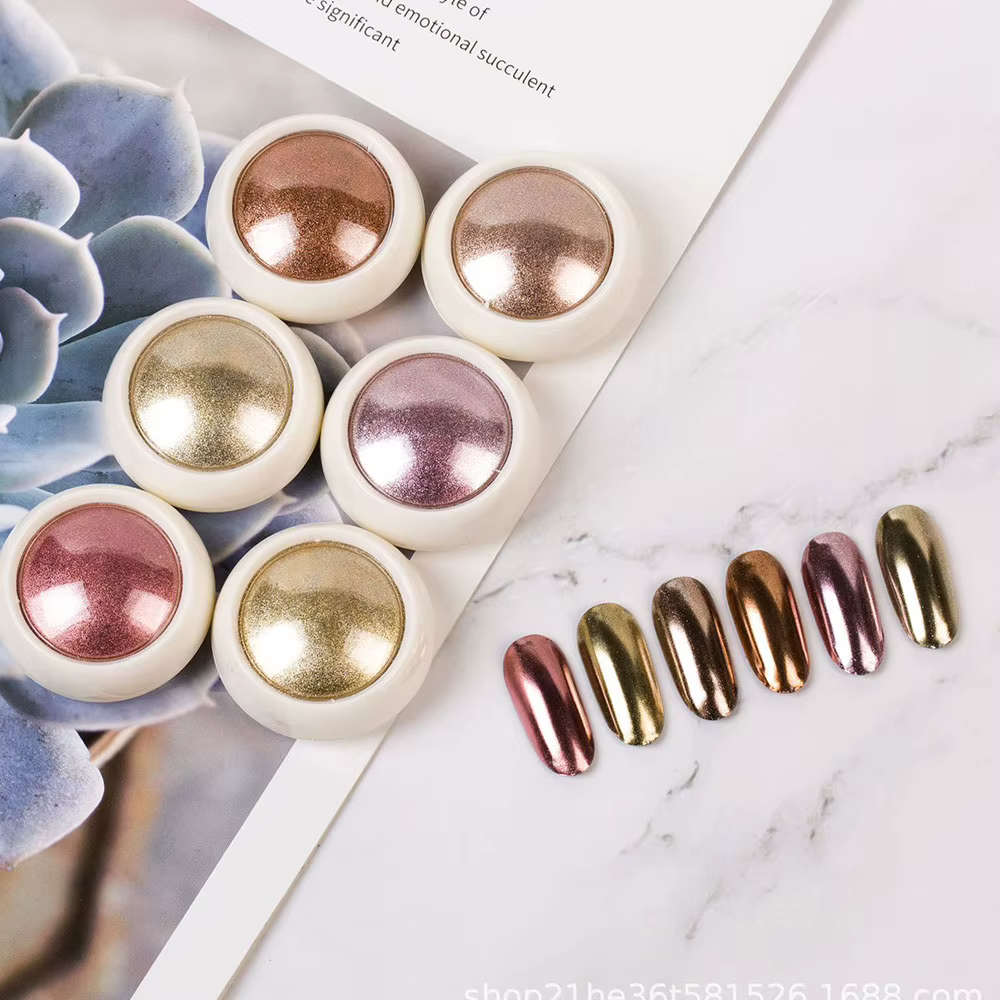Poudre à ongles chromée, 6 pièces, effet pailmétrage, holographique, or rose