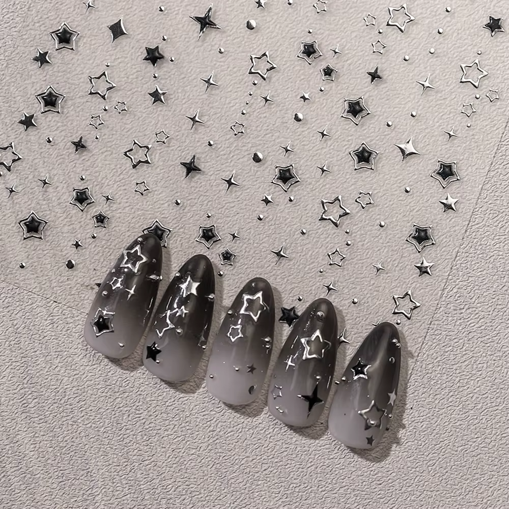 Autocollants pour ongles étoiles de luxe 5D, décalcomanies pour Nail Art, noir et argent, dorure ajo