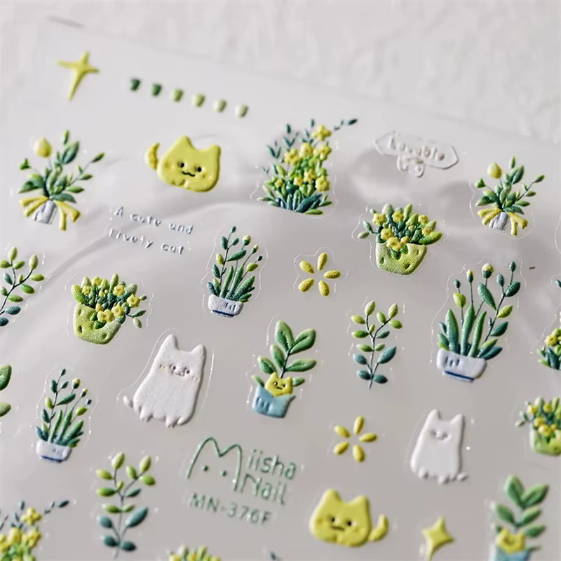 Autocollants pour ongles, 1 pièce, joli chat vert, plante en pot, fleurs, Reliefs 5D, autocollants a