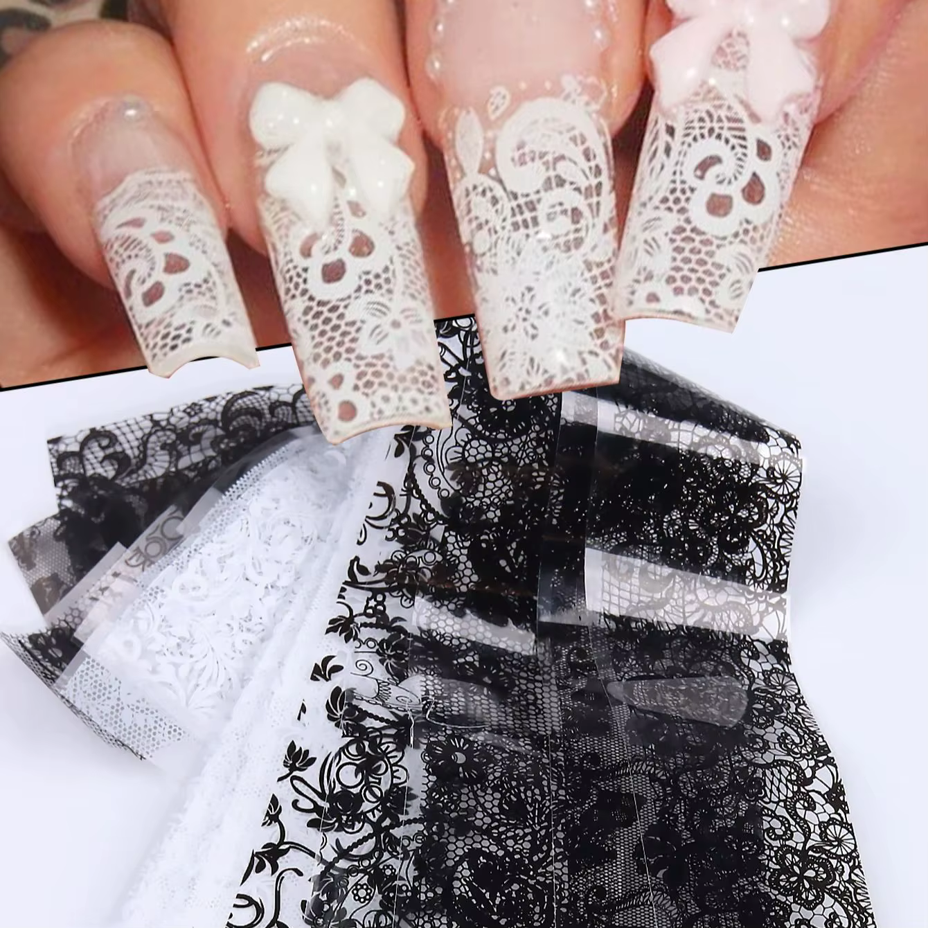 Feuilles d'autocollants pour ongles en dentelle, blanc et noir, feuilles de transfert de conception,