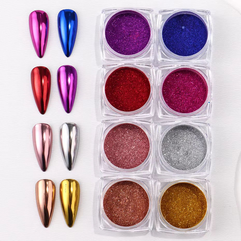 Poudre à ongles miroir chromé, 8 boîtes, métallique, argent, or, bleu, Nail Art, paillettes, scintil