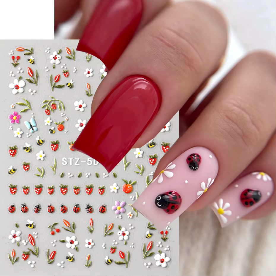 5D en relief Kawaii coccinelle curseurs printemps blanc marguerite fleurs ongles autocollants bricol