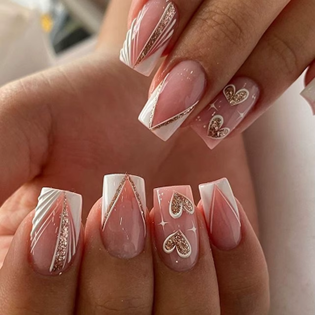 24 pièces tête carrée courte presse sur faux ongles français Simple faux ongles Art avec feuilles bl