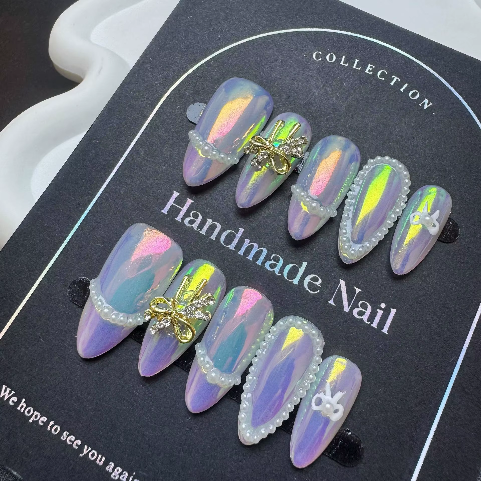 10 pièces à la main français presse sur ongles bord blanc conception amande faux ongles réutilisable