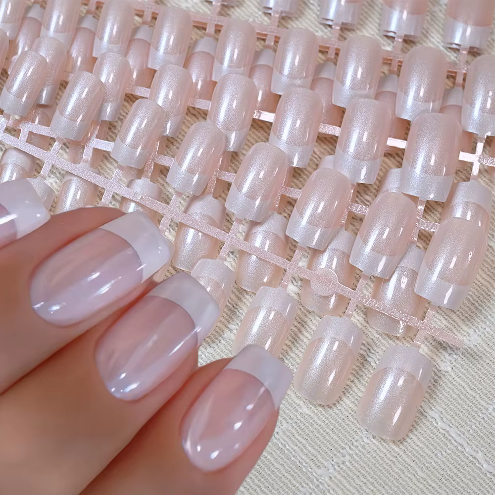 Faux ongles à tête carrée nacrée Simple, 120 pièces, bord blanc, à pression, couverture complète cou