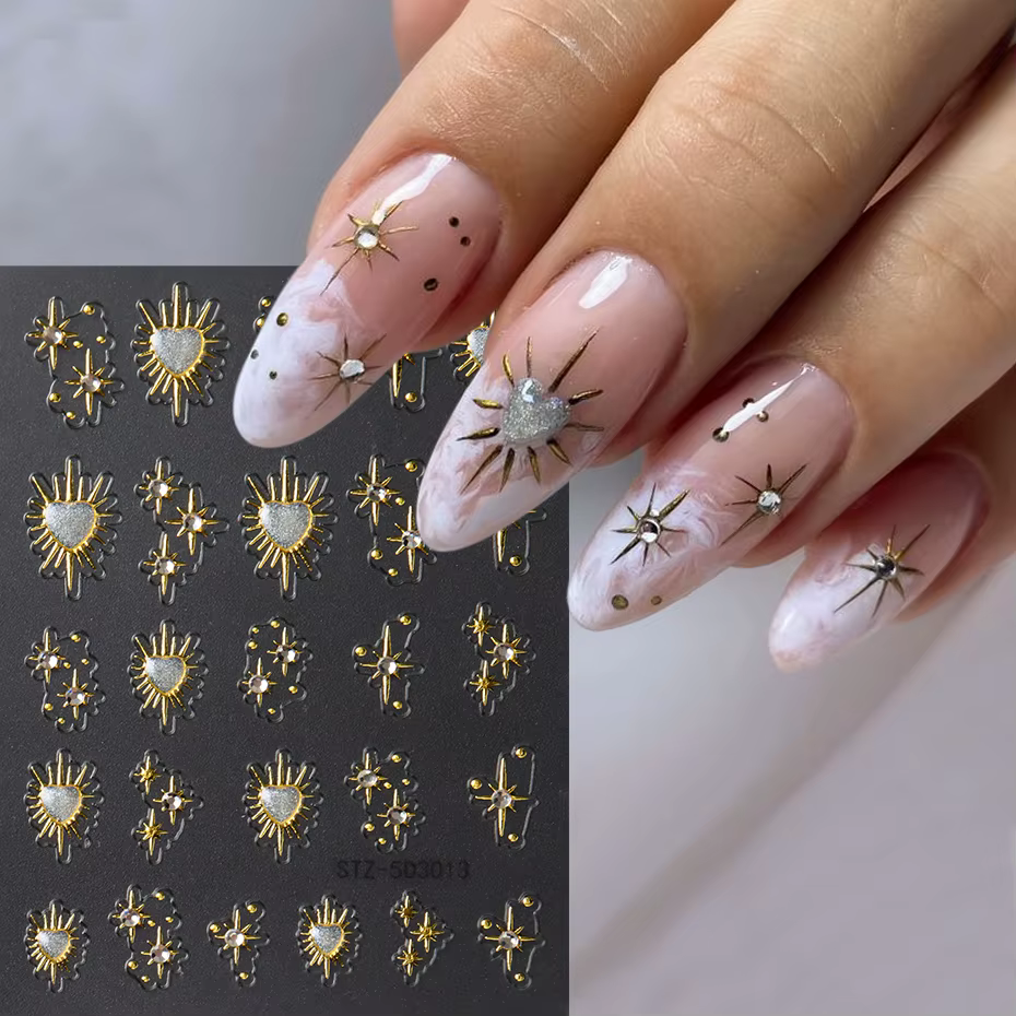Autocollants adhésifs étoiles en cristal brillant pour ongles, 2 pièces, cœur doré, lumière des étoi