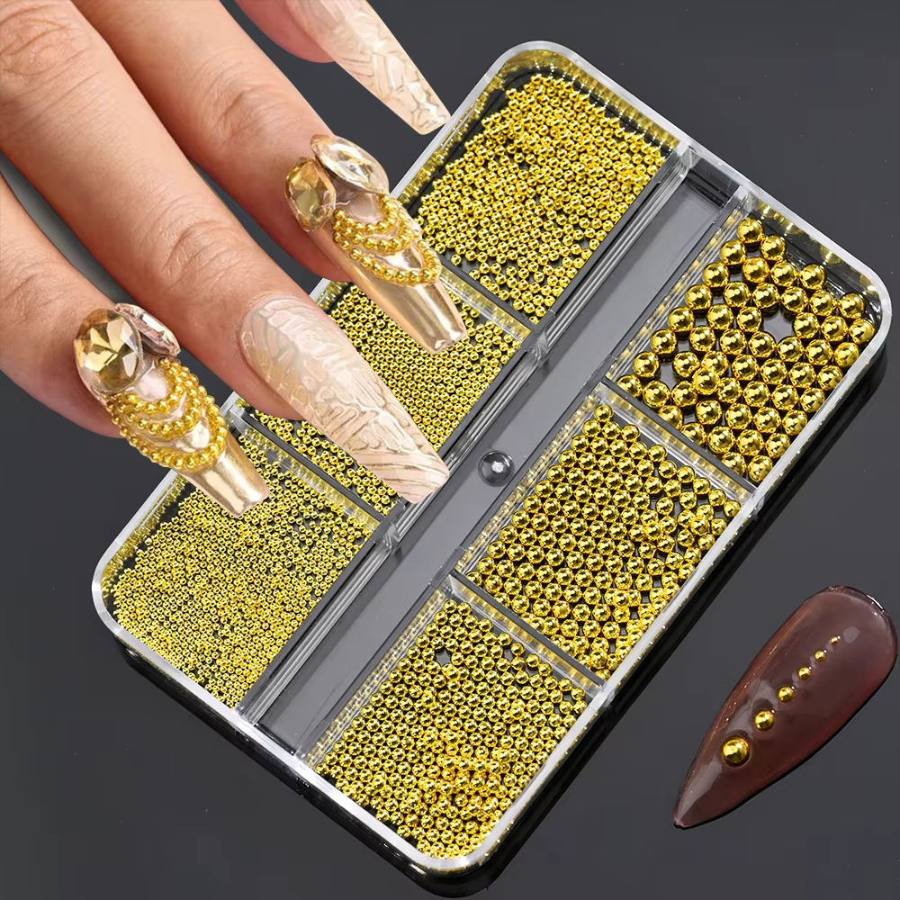 6 grilles 6 tailles de perles métalliques dorées, breloques pour Nail Art, perles de Caviar 3D pour 