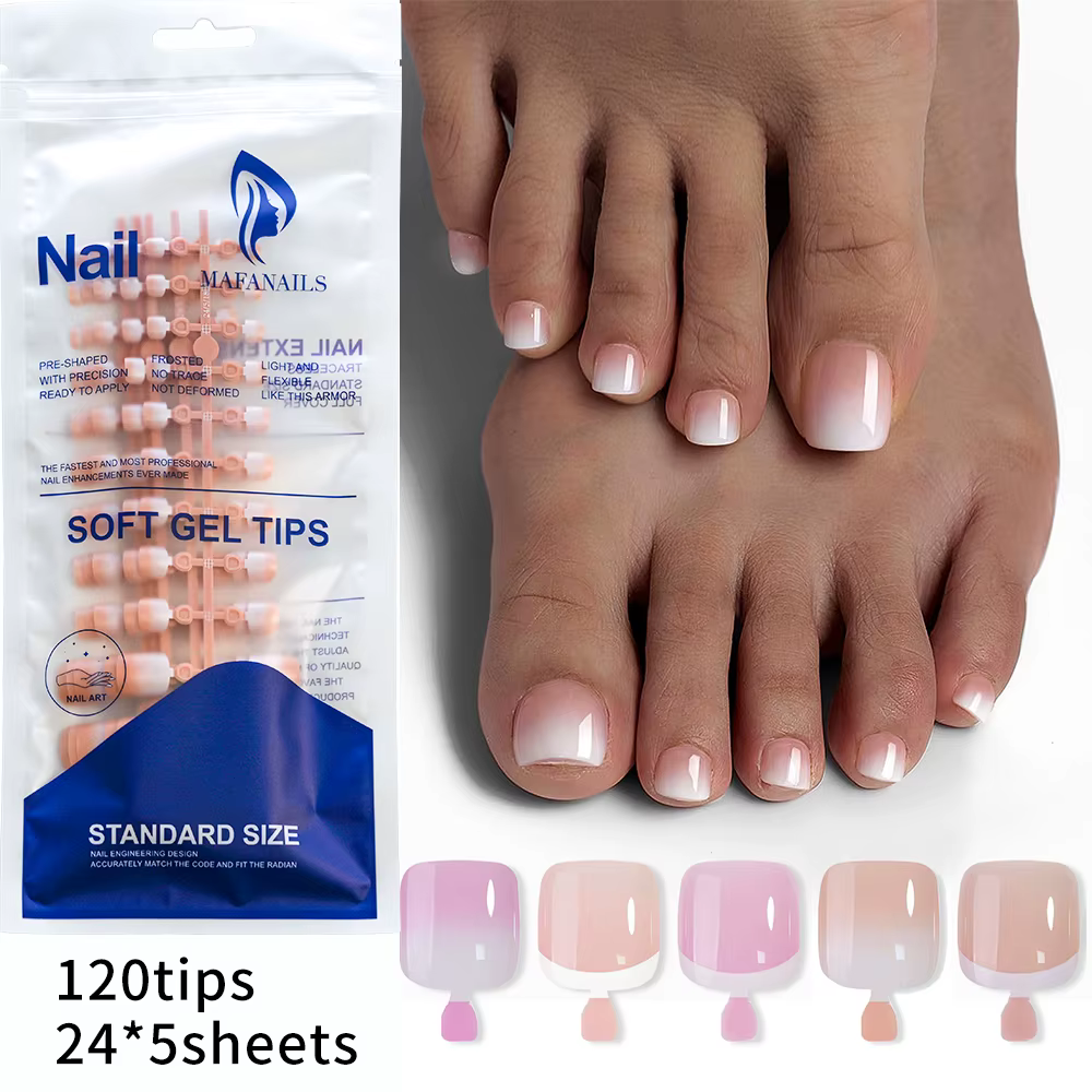 120 pièces français court carré artificiel presse sur les ongles des pieds nu rose couverture complè