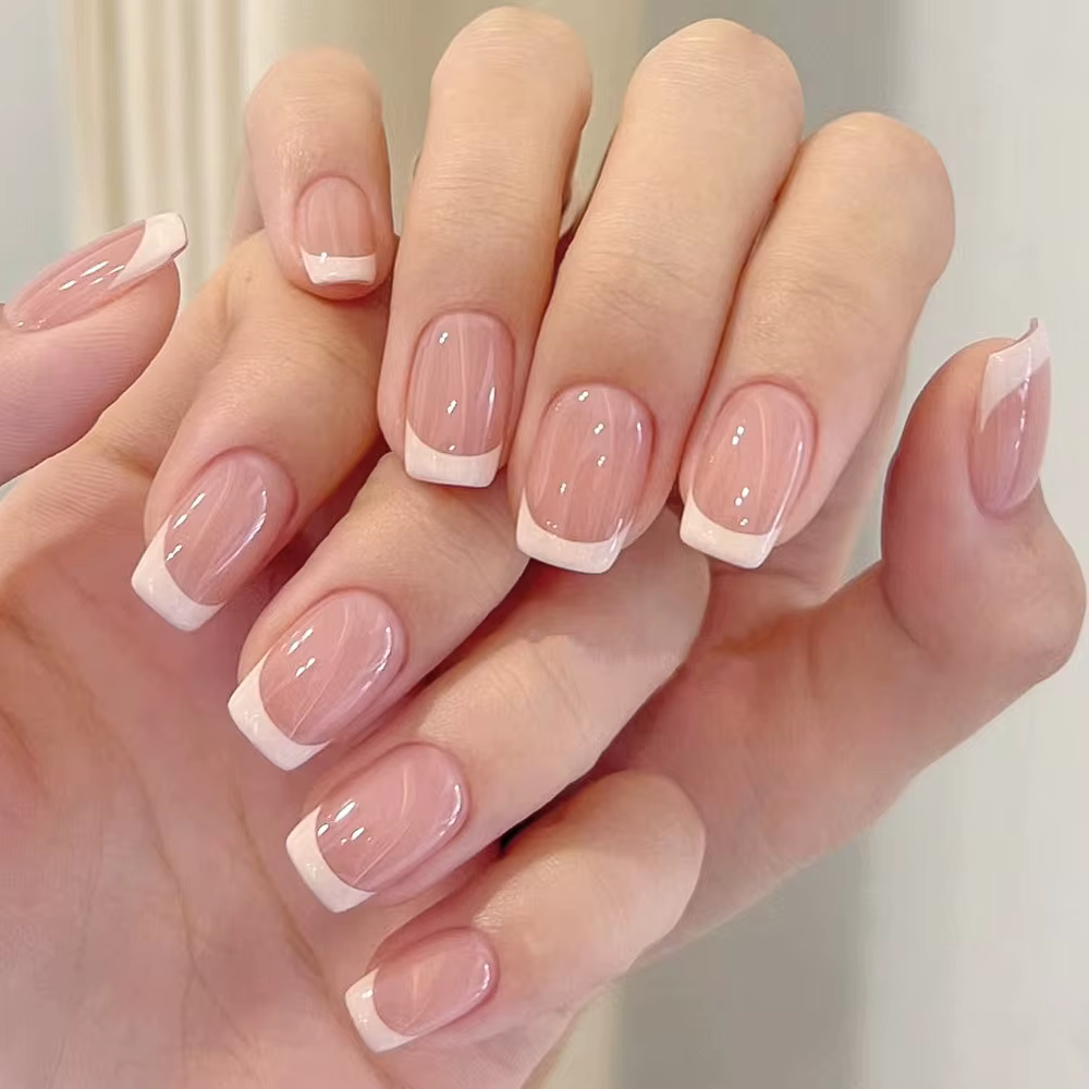 120 pièces = 24*5 français court carré cercueil faux ongles blanc rose Simple portable faux ongles b