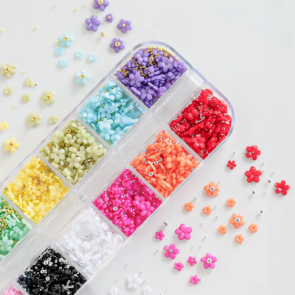 12/15 grilles acrylique fleur ongles breloques mélange de couleurs ensemble 3D fleur Nail Art strass