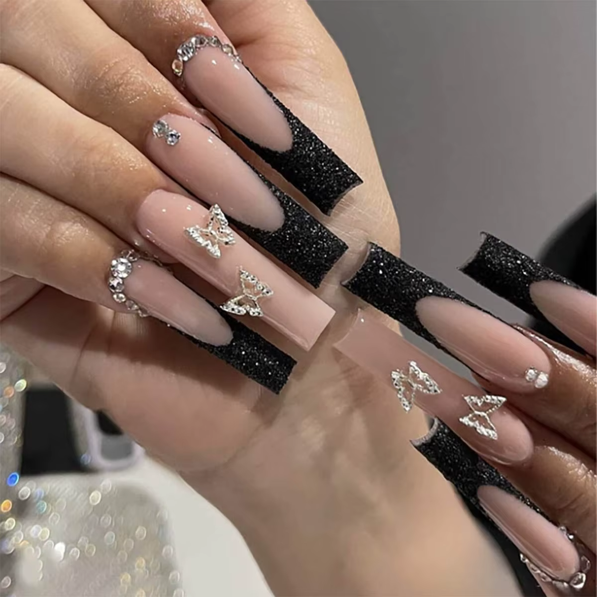 Ensemble de 24 pointes d'ongles français noires de forme rectangulaire, à la mode, avec paillettes e