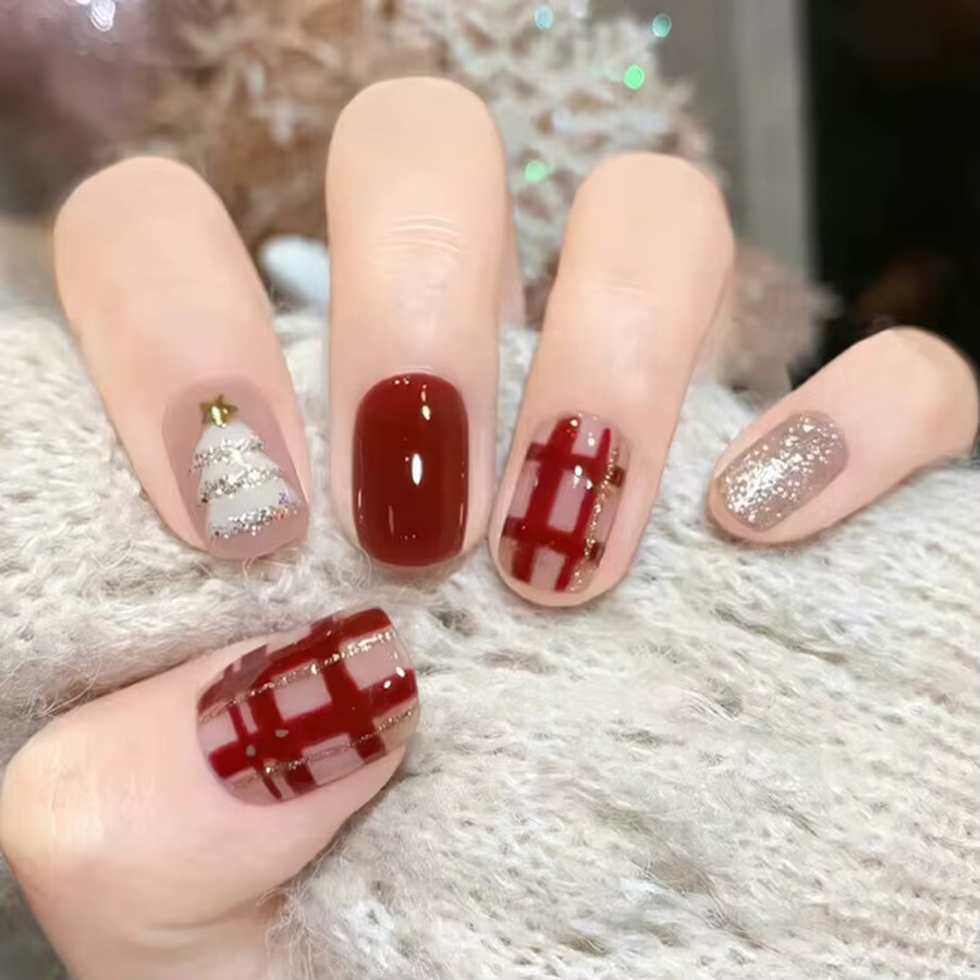 Faux ongles mi-longs pour fête de noël, bonhomme de neige mignon, cadeau du père noël, flocons de ne