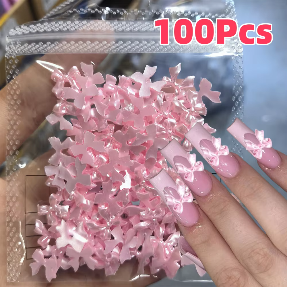 Breloques pour ongles en ruban nacré rose 3D, 100 pièces, nœud papillon en résine Kawaii, décoration