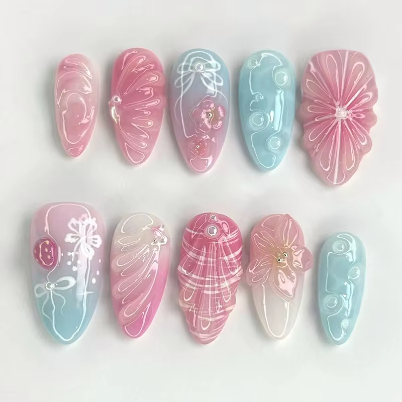 24 pièces à la mode 3D sculpté fleur faux ongles rétro rouge à pois français presse sur ongles détac