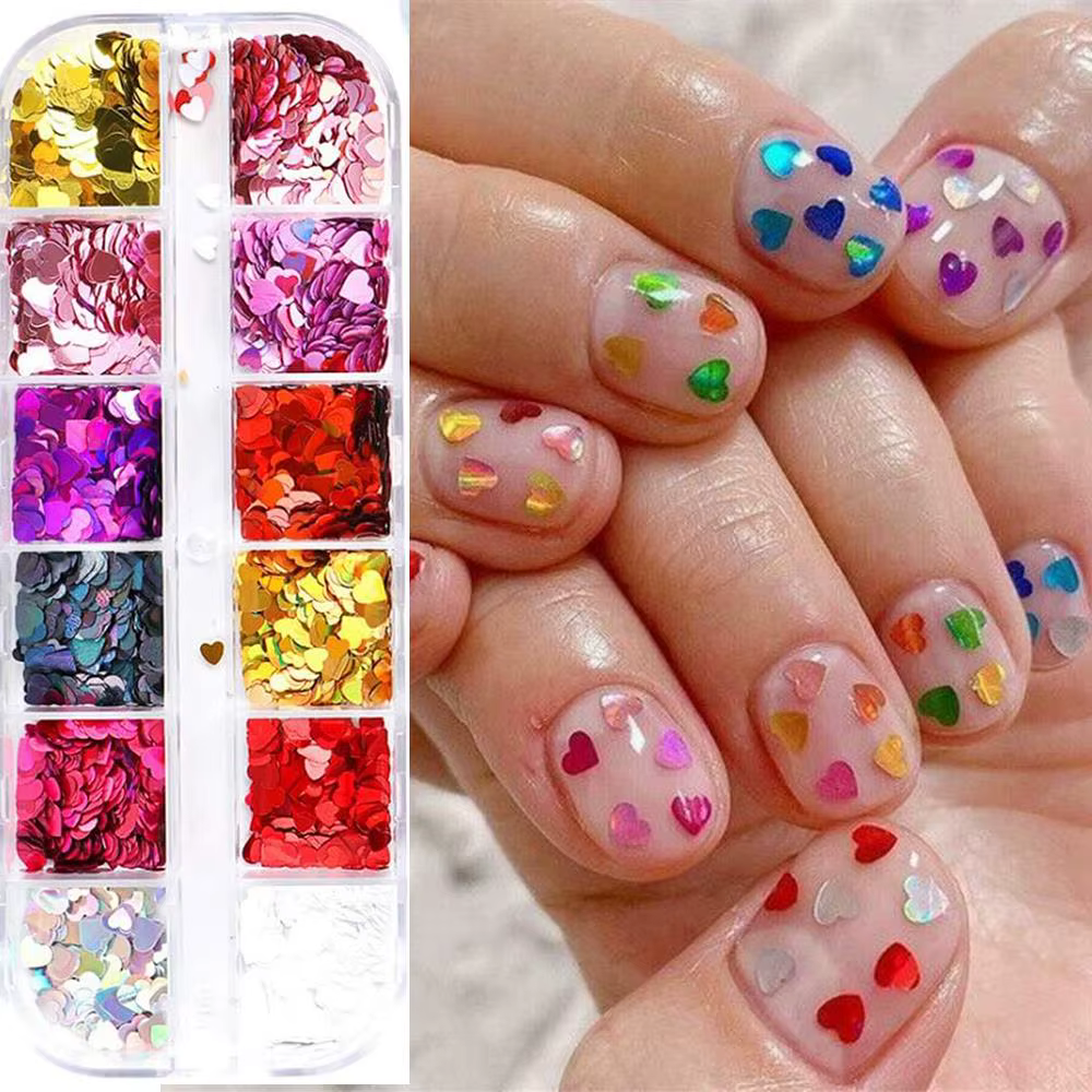 12 grilles de paillettes 3D colorées en forme de cœur pour nail art, sequins laser irisés, flocons d