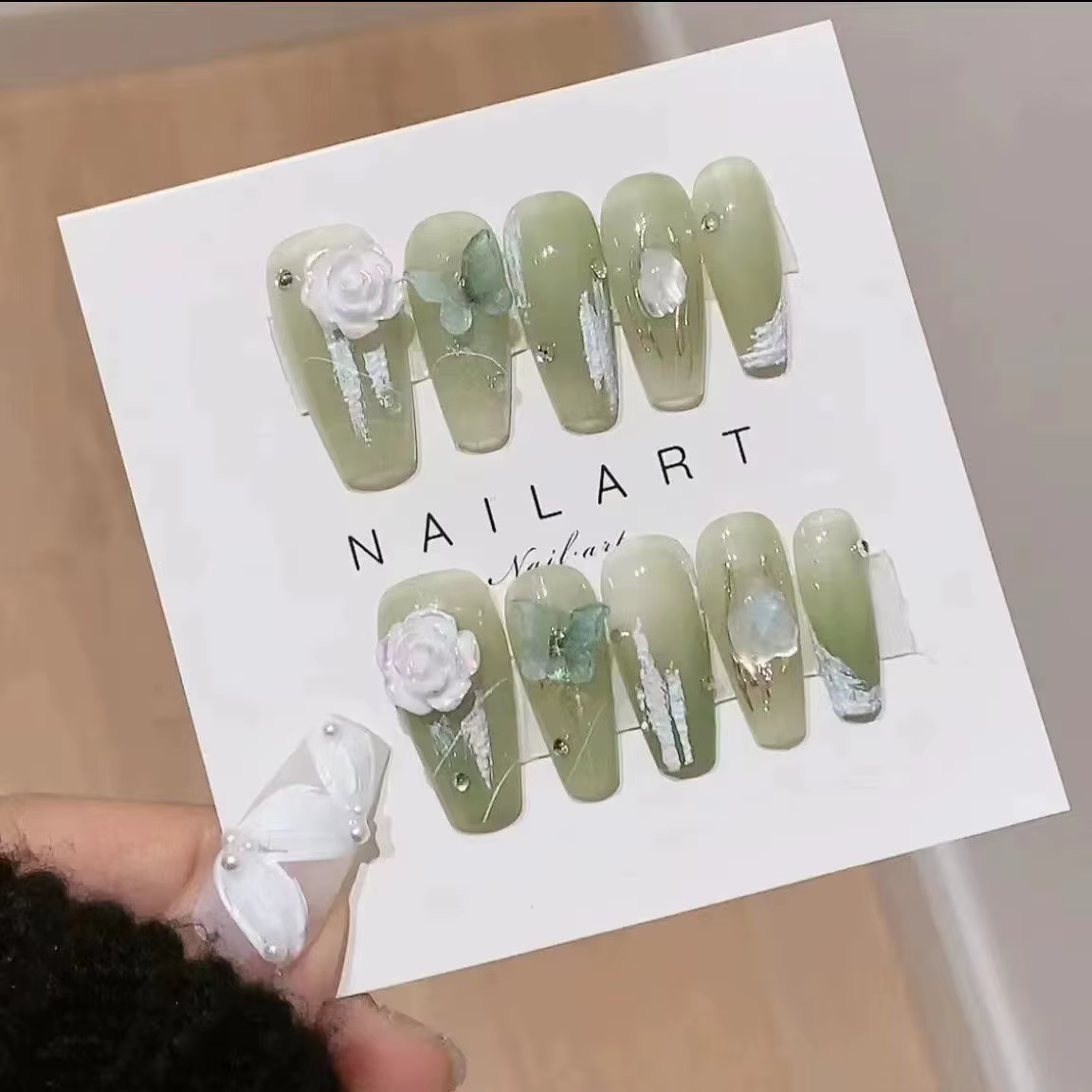 Faux ongles en forme de cygne blanc, faits à la main, à paillettes, bleu, gris, œil de chat, à press