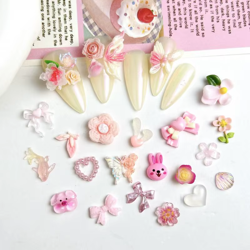 Breloques en résine 3D pour les ongles, mélange aléatoire, rose doux, fleur rose, accessoires de déc