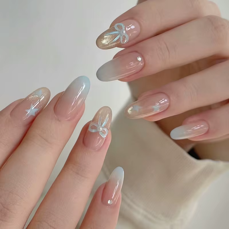 24 pièces amande Pure fait à la main presse sur les ongles couverture complète papillon français per