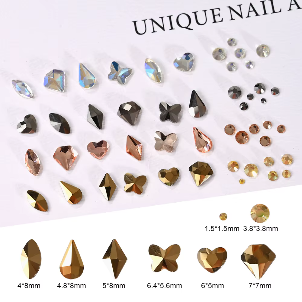Strass diamant pour ongles or/Champagne, taille mixte 2-6mm, verre brillant à dos plat, gemmes en cr