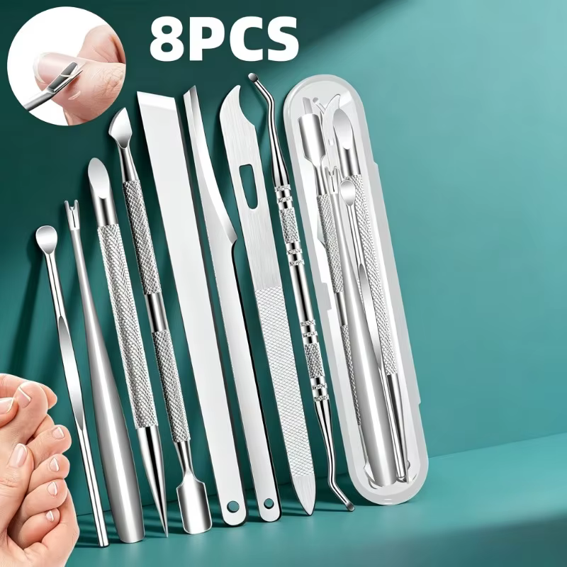 8 outils de pédicure en acier inoxydable pour le soin des mains et des pieds, comprenant un repousse