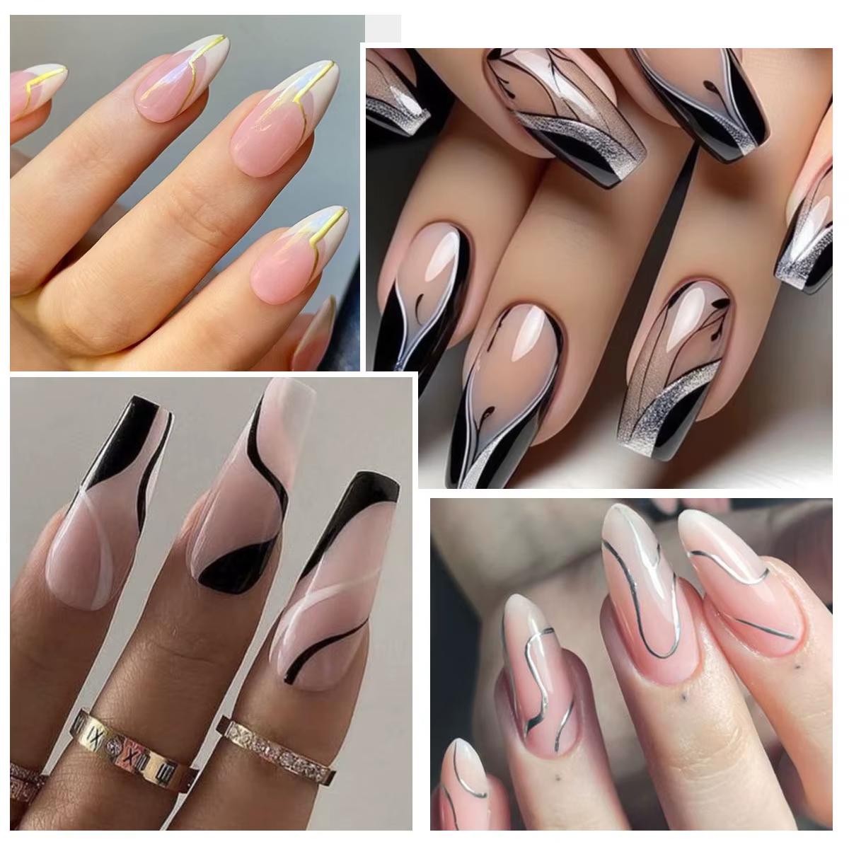Kit de vernis à ongles Gel, noir, blanc, or, argent, fournitures pour ongles français, Design UV/LED