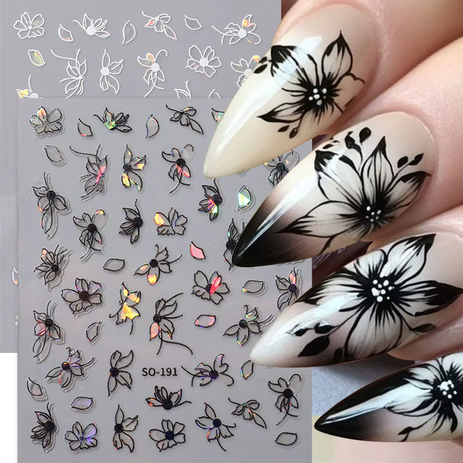 2 pièces 3D Laser noir blanc fleur décalcomanies abstraite rayure fleur pétales conception autocolla