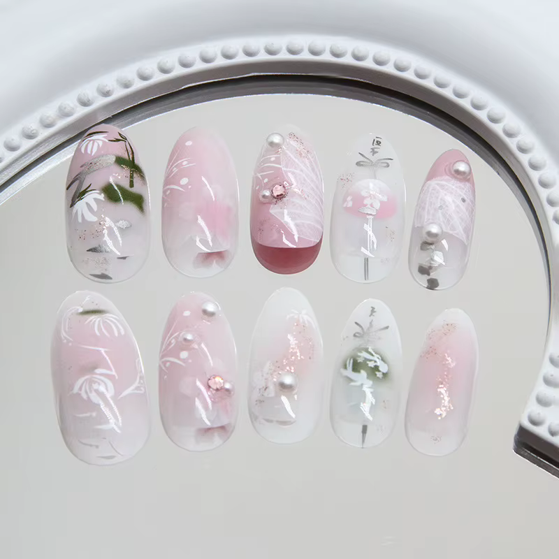 24 pièces douce amande faux ongles conseils peint à la main fleur perle motif Blush rose presse sur 