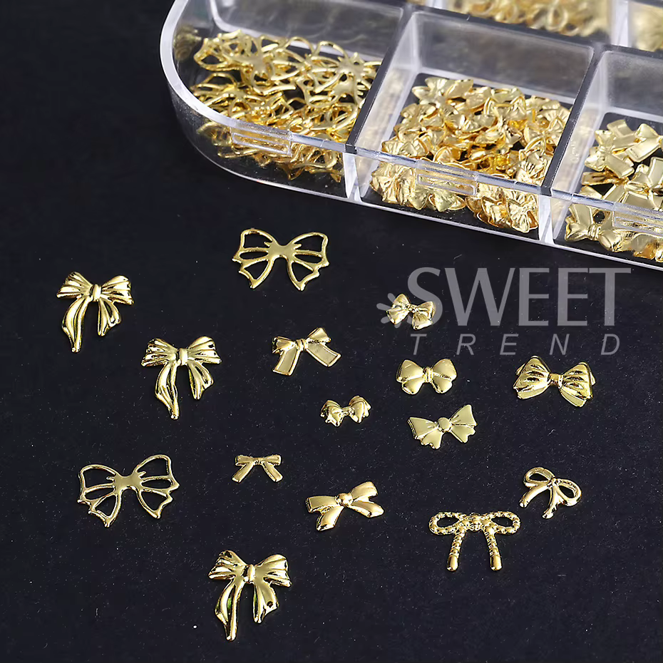 12 grilles en métal arc Nail Art charme or 3D nœud papillon ruban ongles décoration pièces bricolage