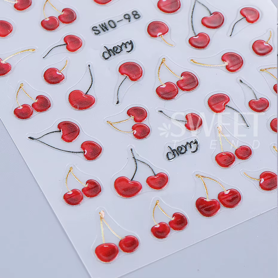 Autocollants pour ongles cerise rouge, 2 pièces, dessin animé fruits cerises tropicaux, Design d'été
