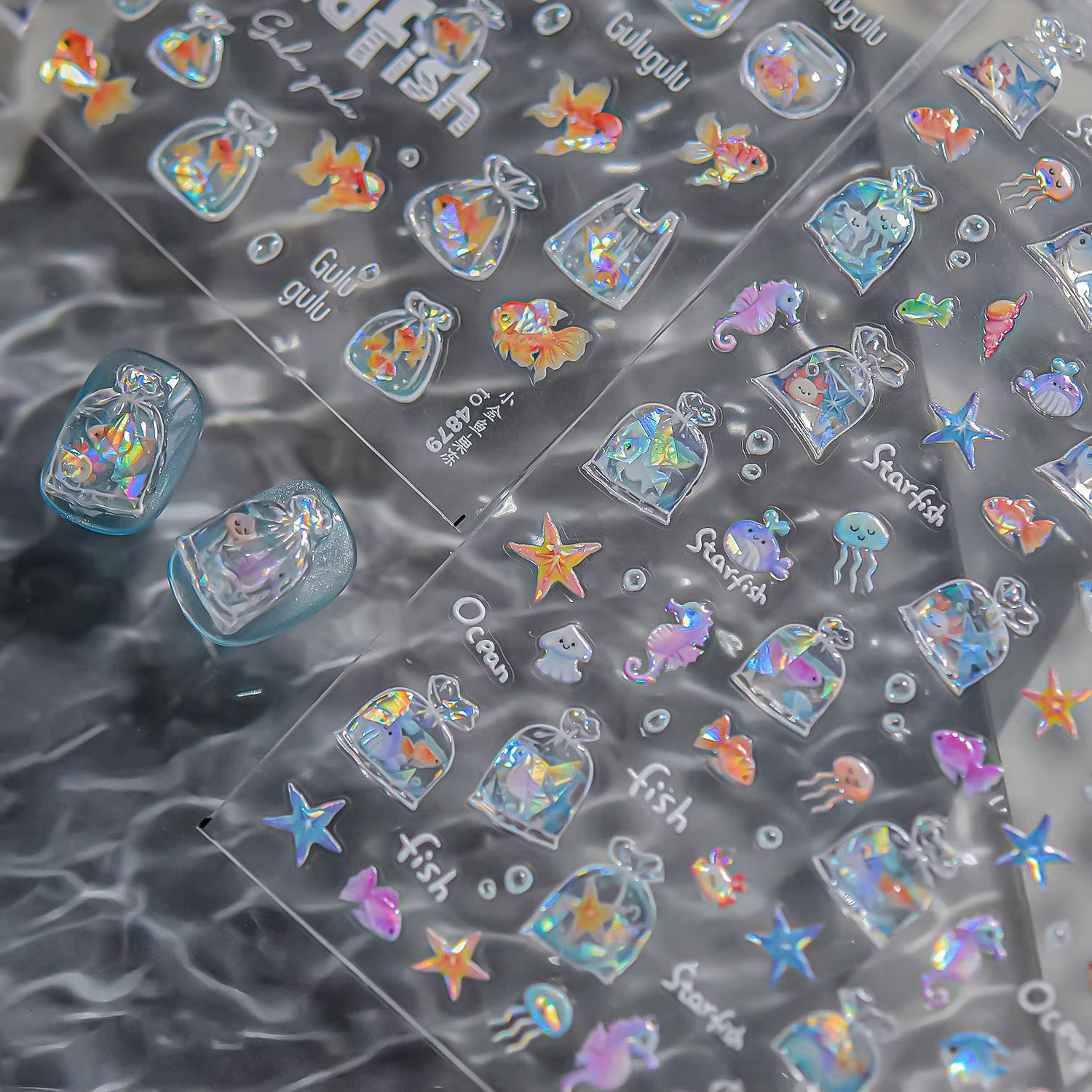 1 pièces mignon un sac d'autocollants de charme d'ongle d'étoile de mer 3D gelée océan poisson bulle