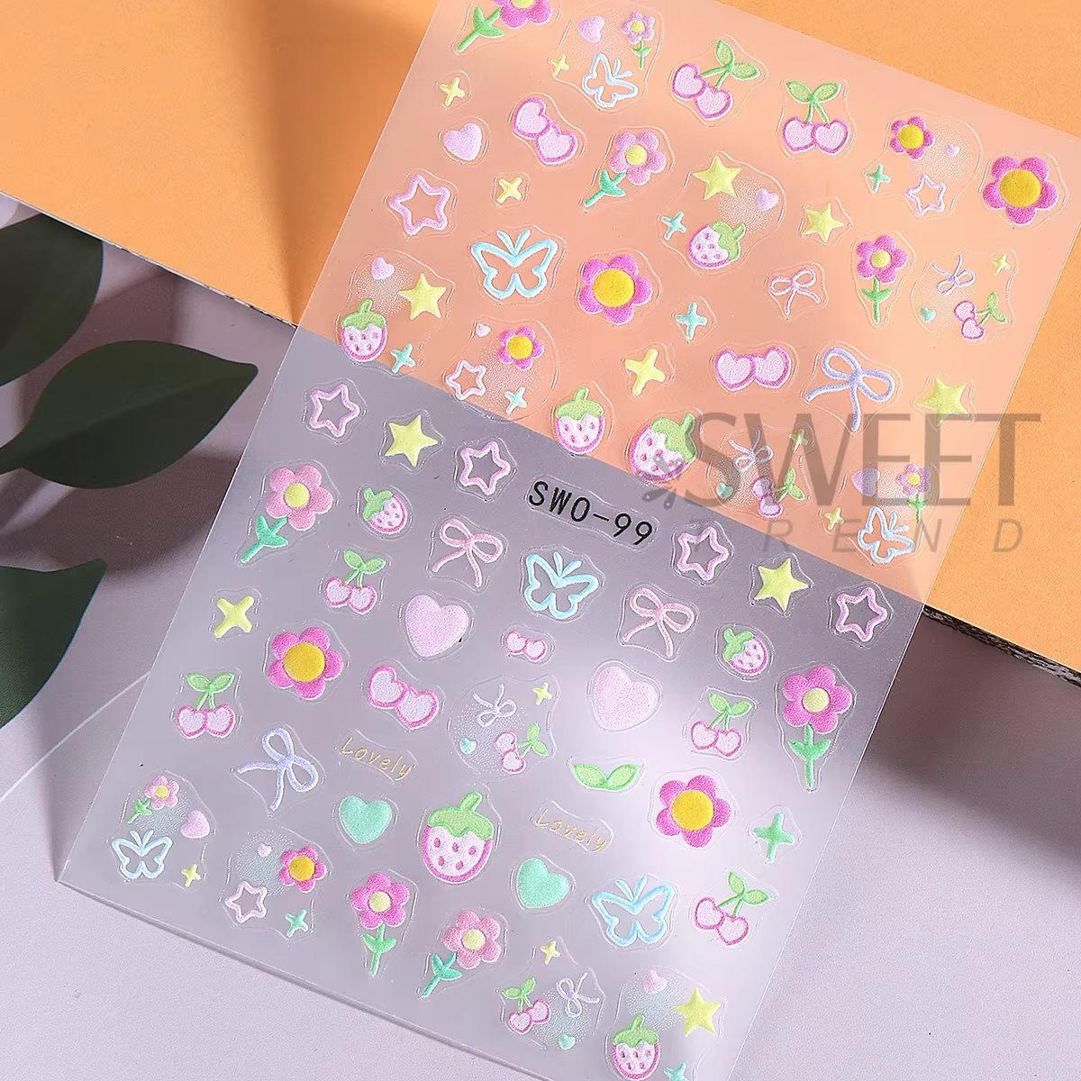Autocollants pour Nail Art, 2 pièces, élément doux, fleur Simple, cœur, cerise, fraise, décalcomanie