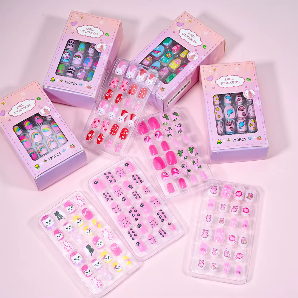 120 pièces/boîte rose dessin animé enfants presse sur ongles couleur bonbon licorne chat lapin enfan