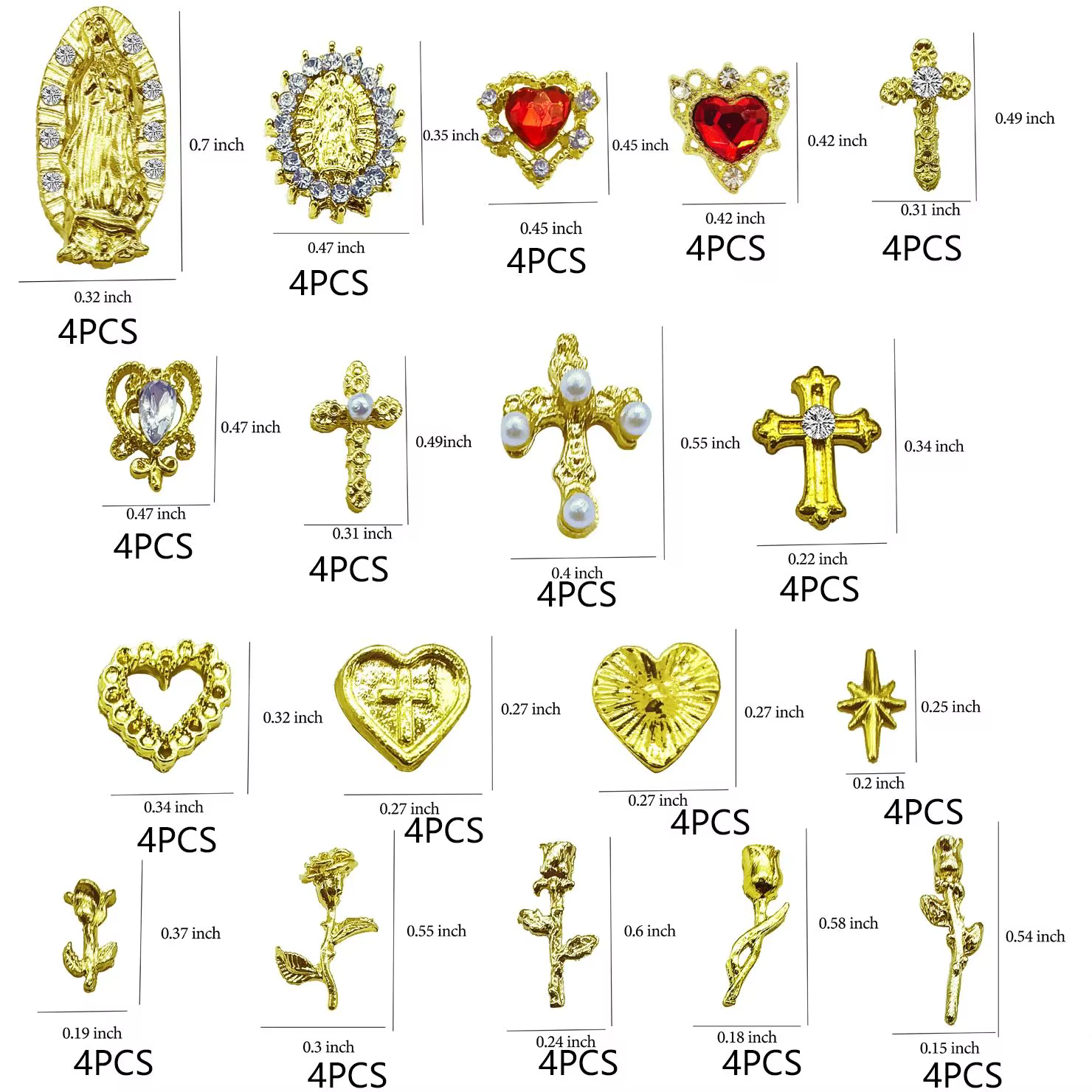 Ensemble de breloques pour ongles en or, 72 pièces, avec croix dorée, cœurs, roses et vierge marie,