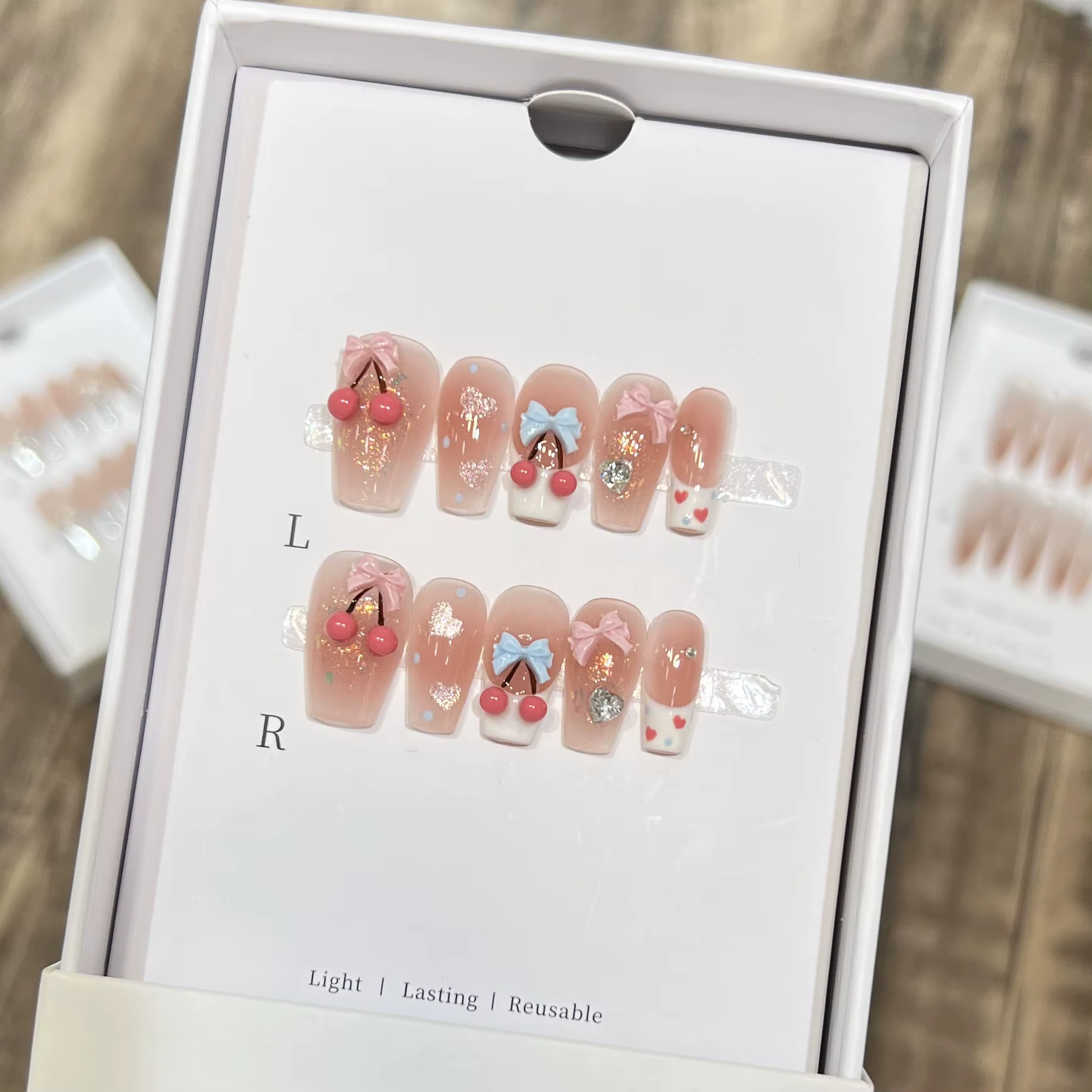 Faux ongles de Ballet mi-longs, 10 pièces, à la mode, œil de chat rose, joli nœud, ensemble d'ongles