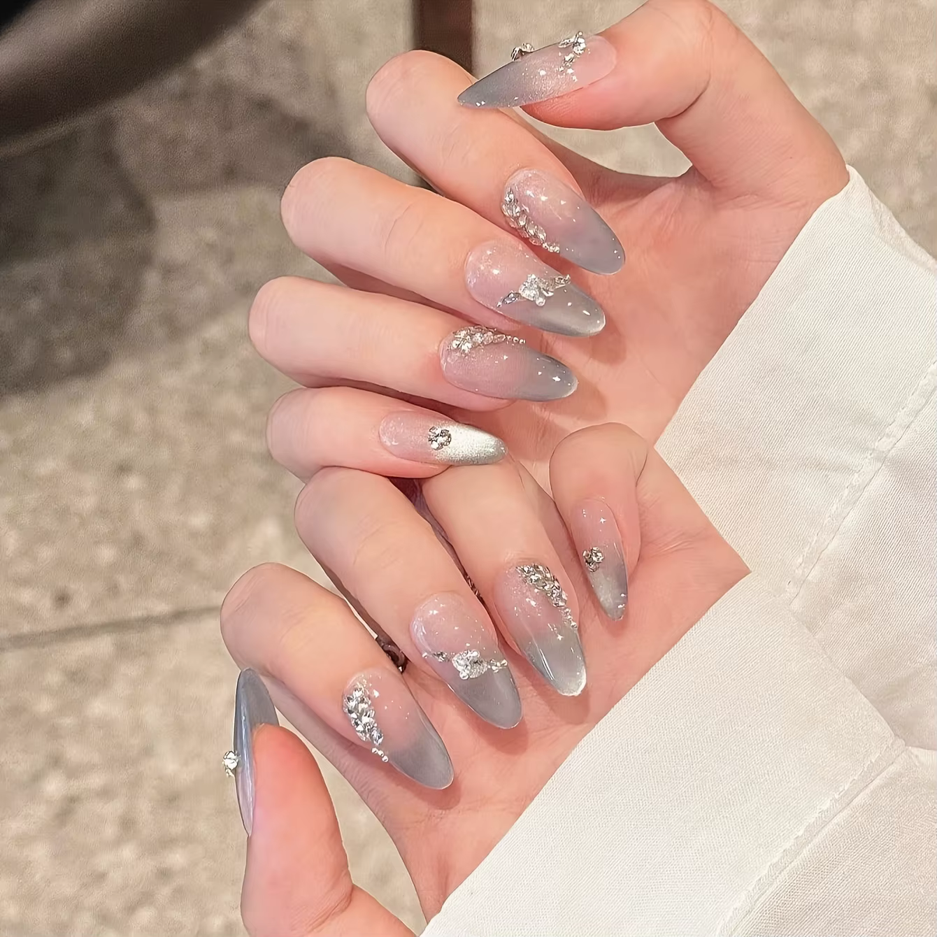10 pièces haut de gamme lumière luxe argent oeil de chat diamants français faux ongles faits à la ma