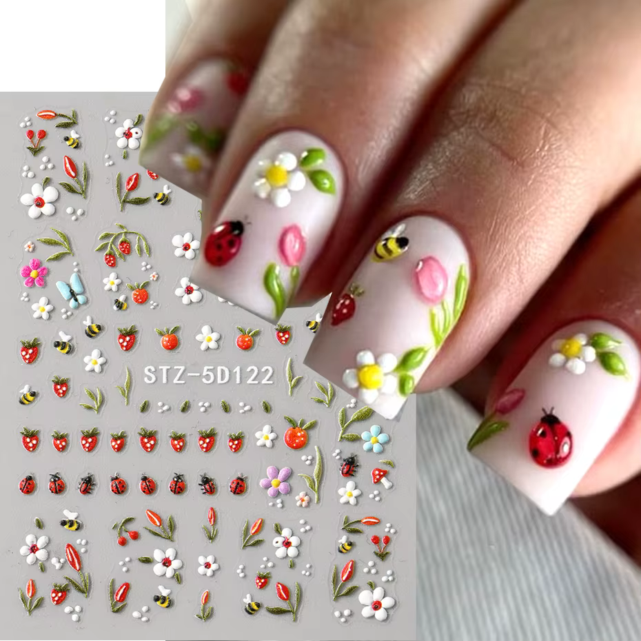 5D en relief Kawaii coccinelle curseurs printemps blanc marguerite fleurs ongles autocollants bricol