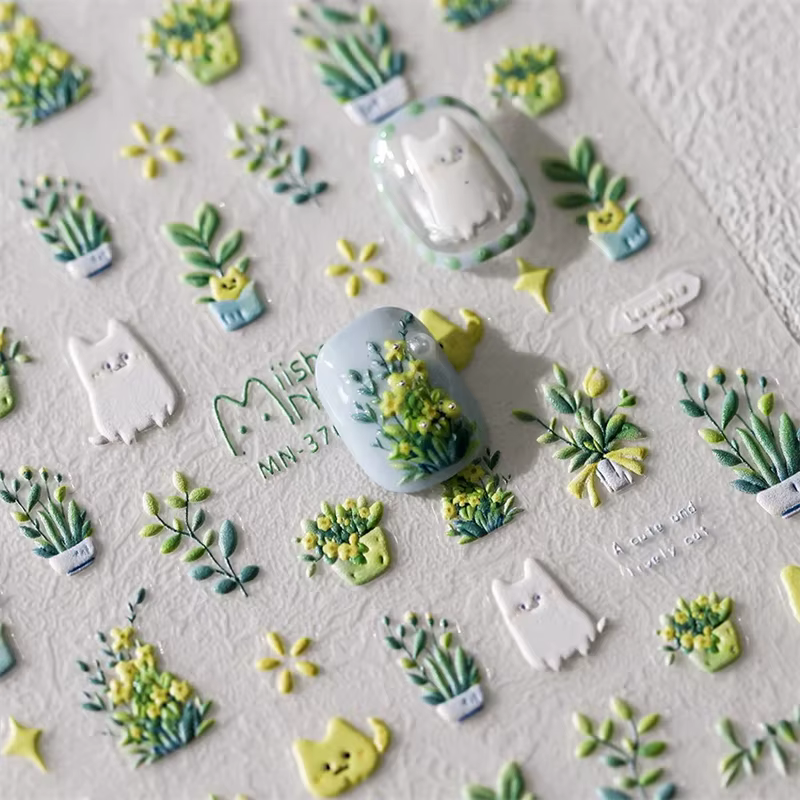 Autocollants pour ongles, 1 pièce, joli chat vert, plante en pot, fleurs, Reliefs 5D, autocollants a
