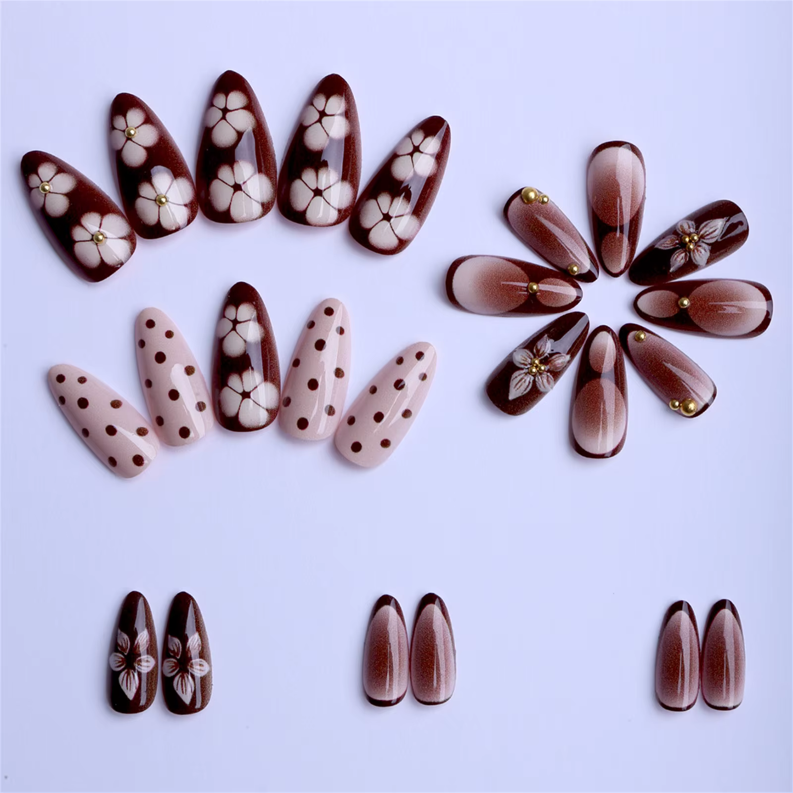 Faux ongles marron amande, 24 pièces, à pression française, motifs de fleurs/à pois, automne et hive